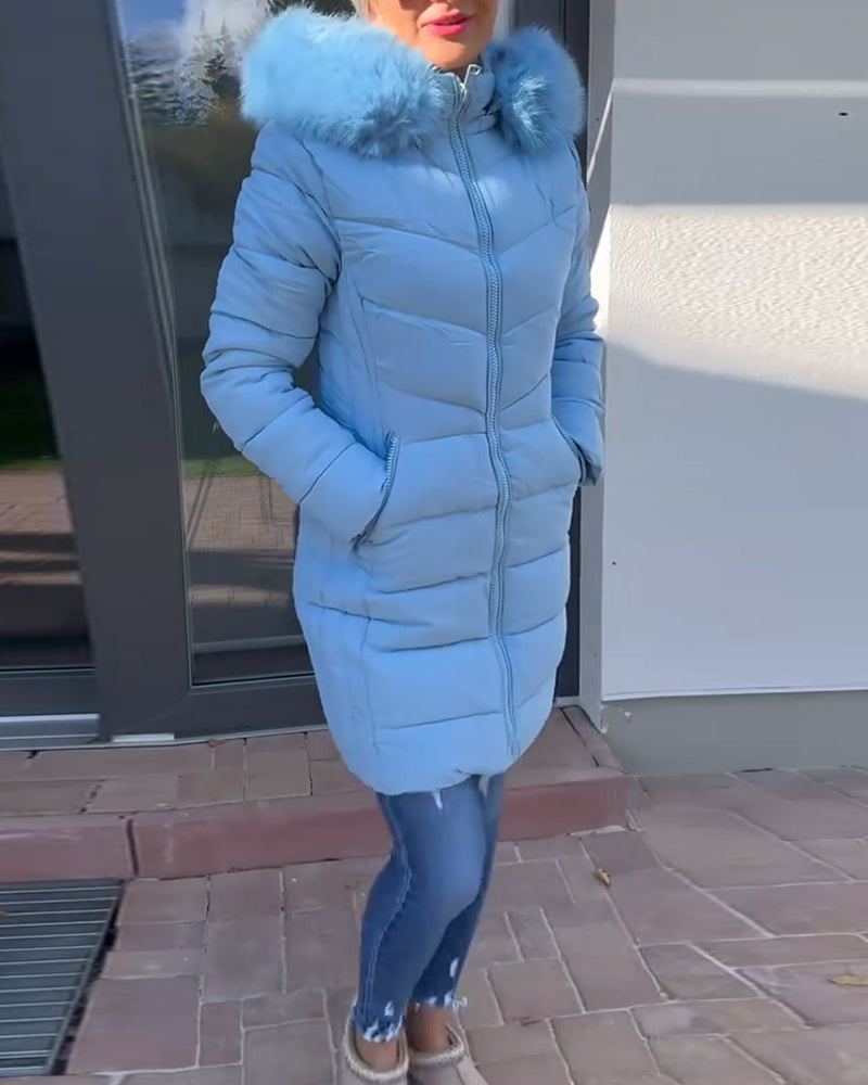 Casual solid color zipper pocket hooded padded jacket