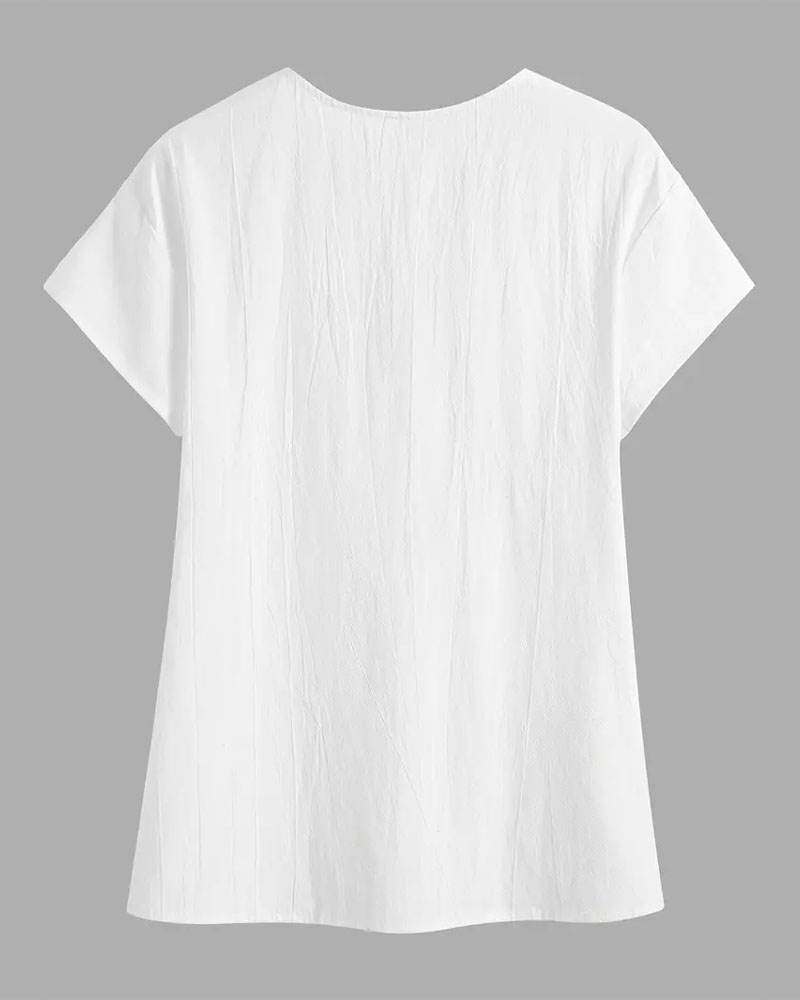 Lapel Solid Color Button Short Sleeve Blouse