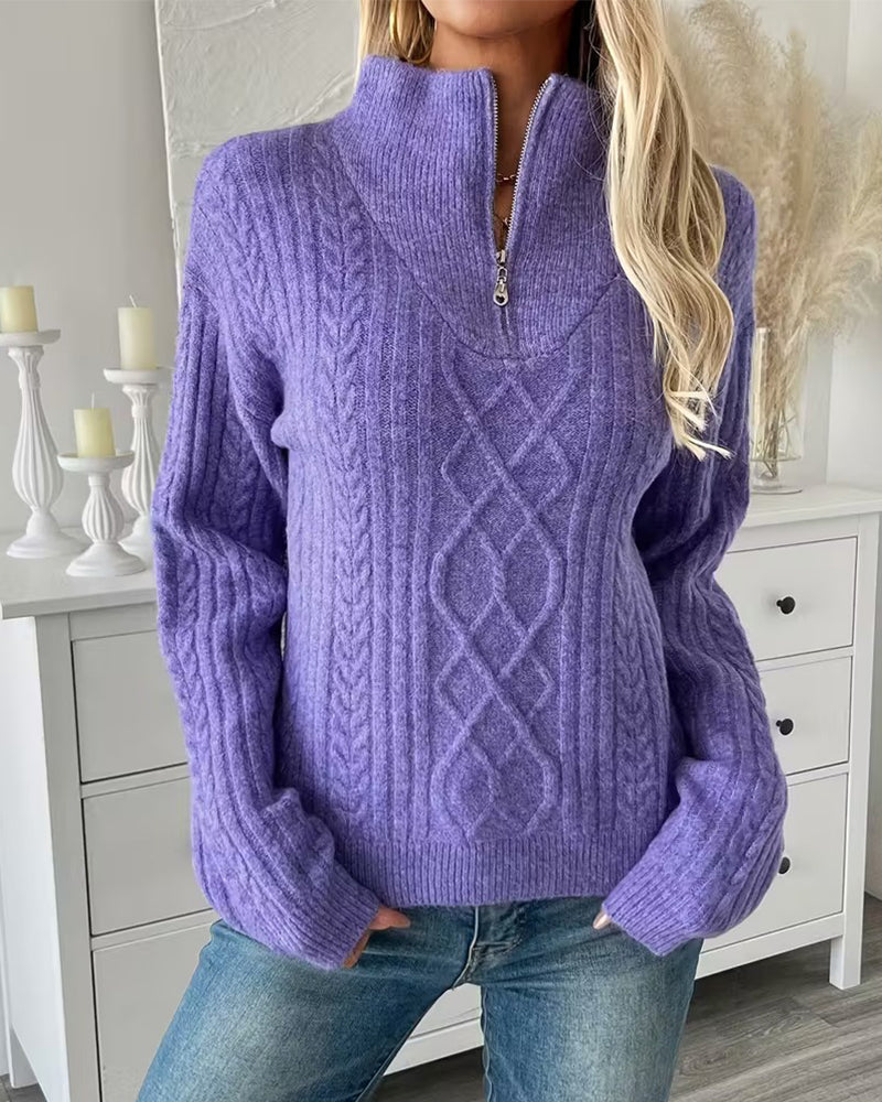 Stand-Up Collar Half-Zip Cable Knit Pullover