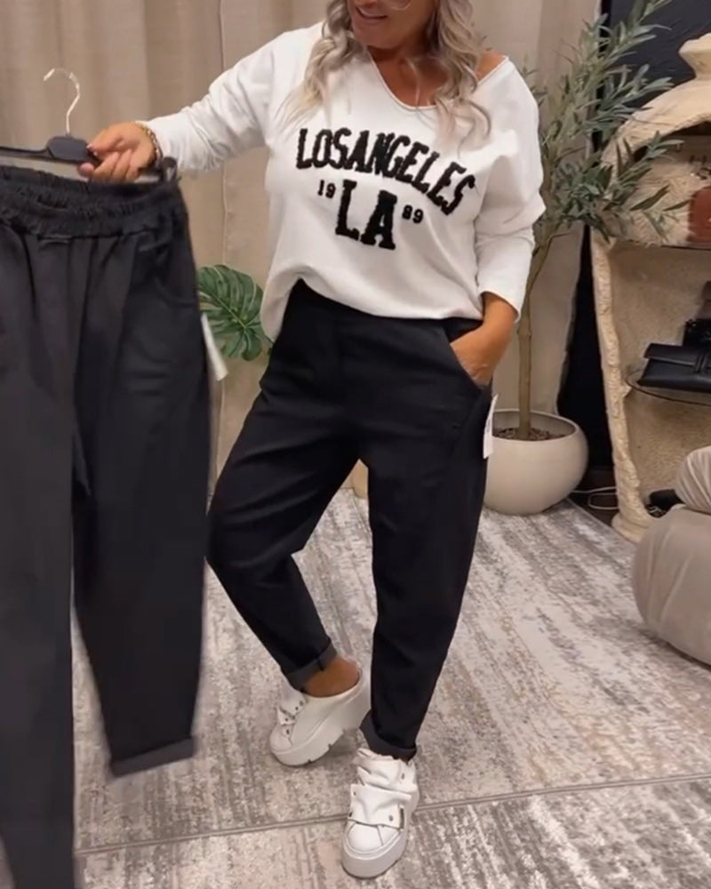 Letter print v-neck casual sweatshirt