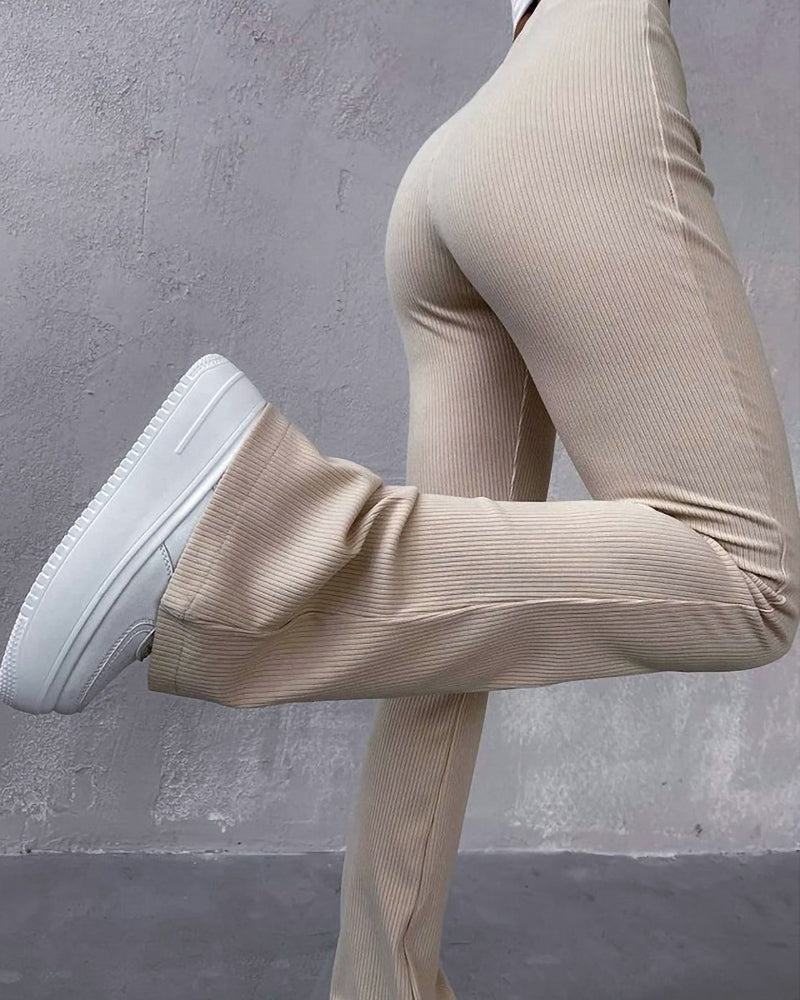 Solid color flared slim fit trousers