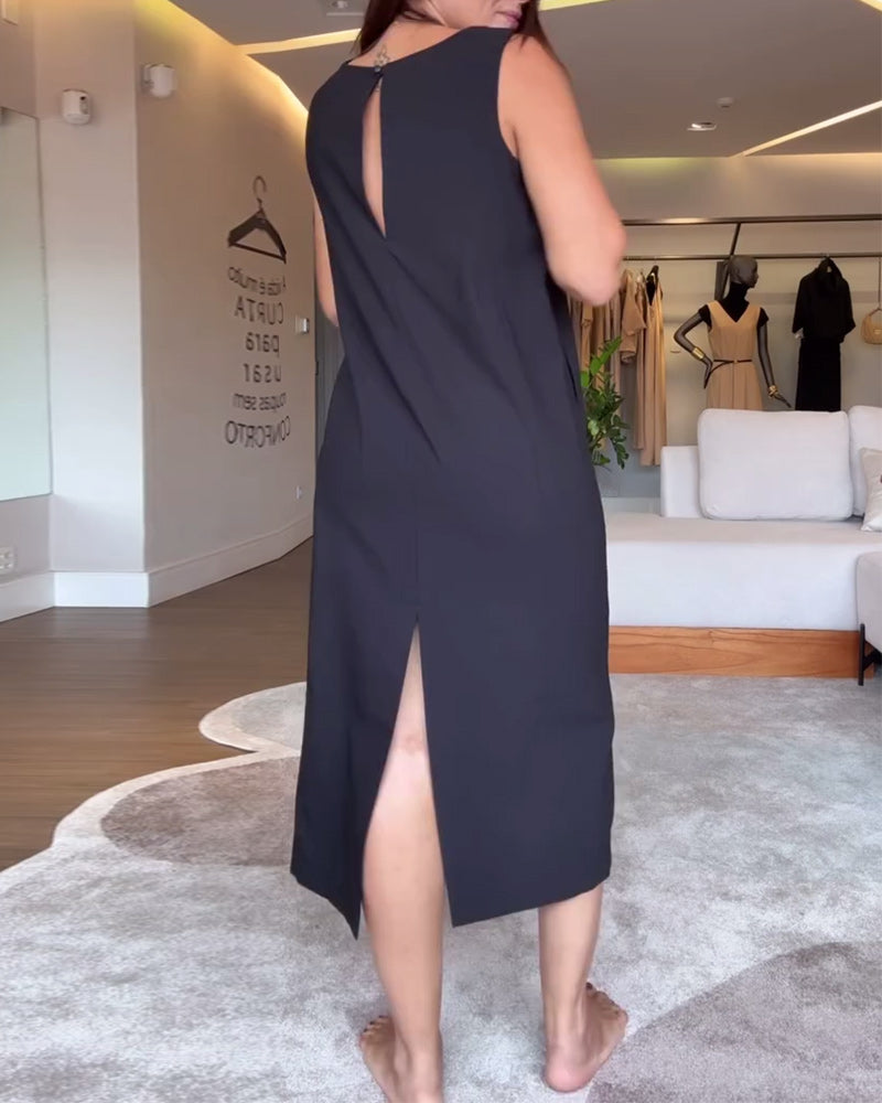 Casual V-neck Sleeveless Solid Color Split Dress