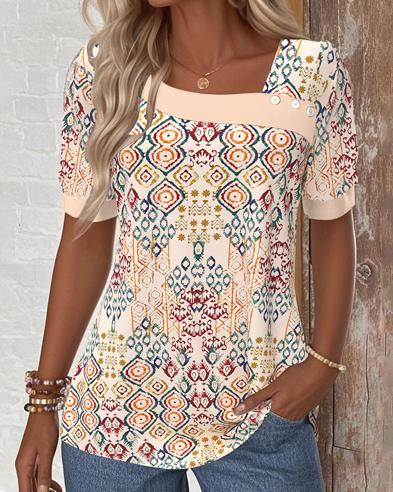 Slant Collar Short Sleeve Printed Casual Blouse