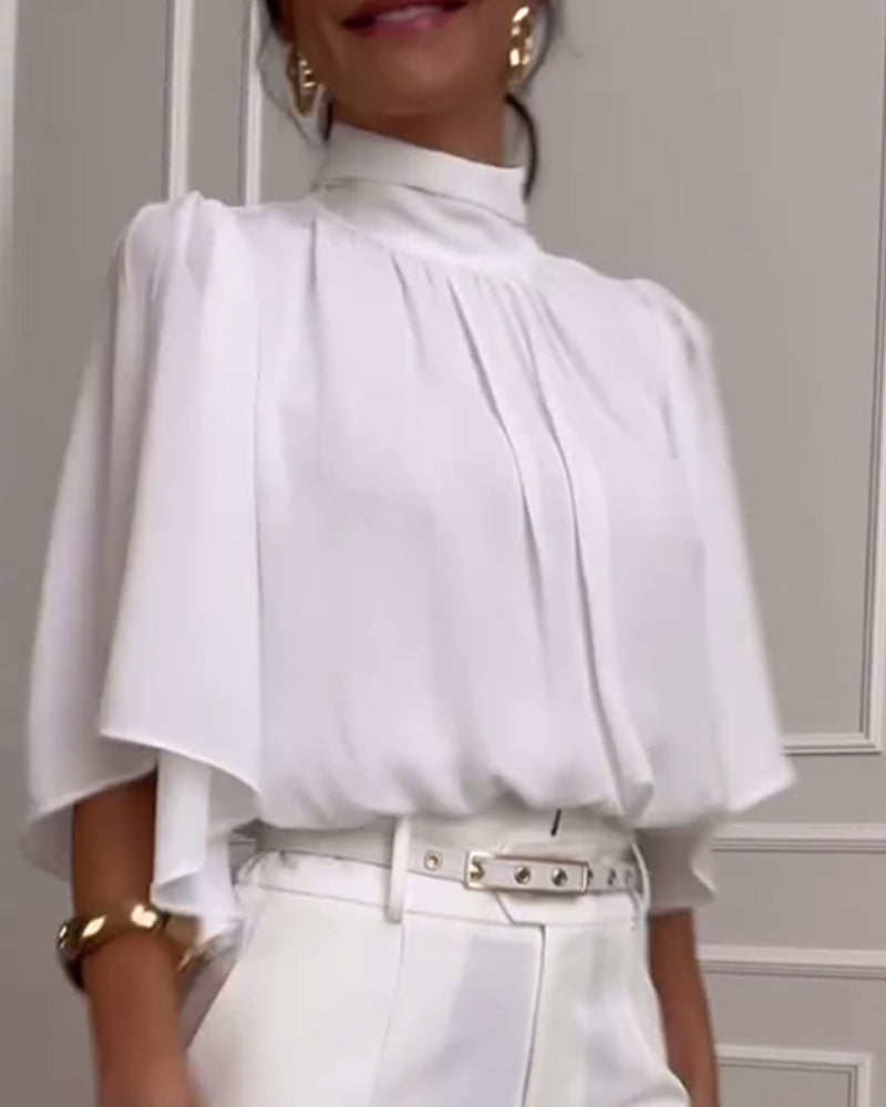Solid color high collar  butterfly sleeve blouse