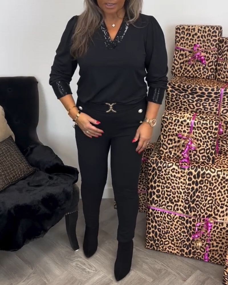 Solid Color Commuting Top with V-neck