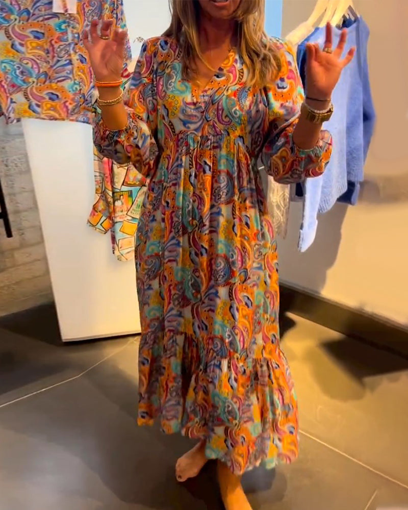 Print  V neck A-Line Maxi Dress