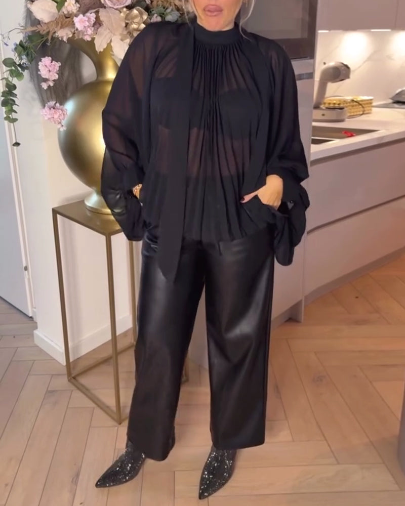 Solid Color Batwing Sleeve Ribbon Blouse