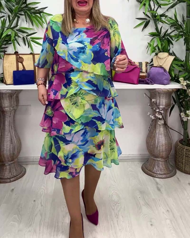 Floral print round neck ruffled half-sleeve dress