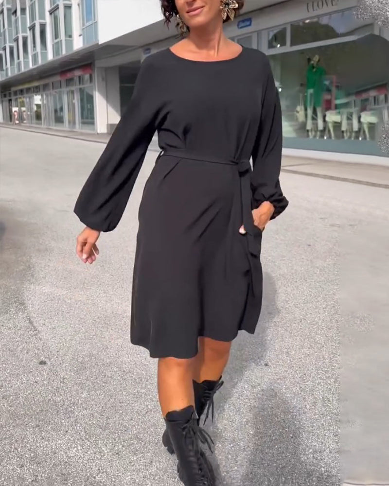 Round neck tie solid color dress