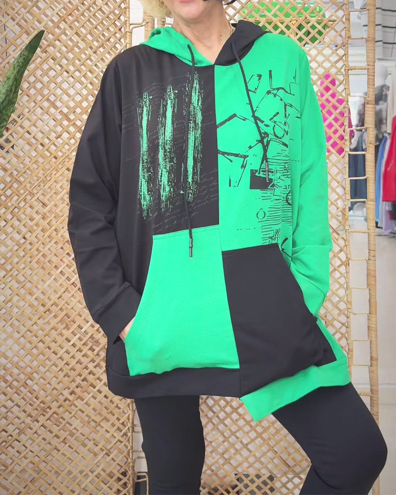 Casual Hooded Colorblock Printed Sweatshirt