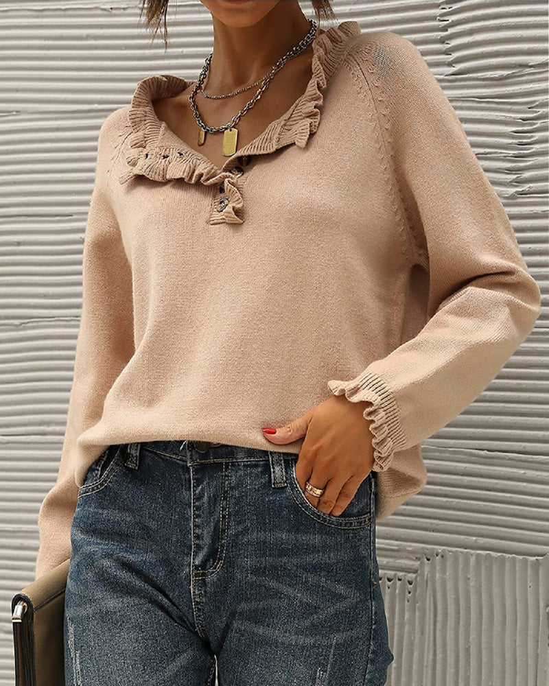 Casual solid color lapel button ruffle pullover