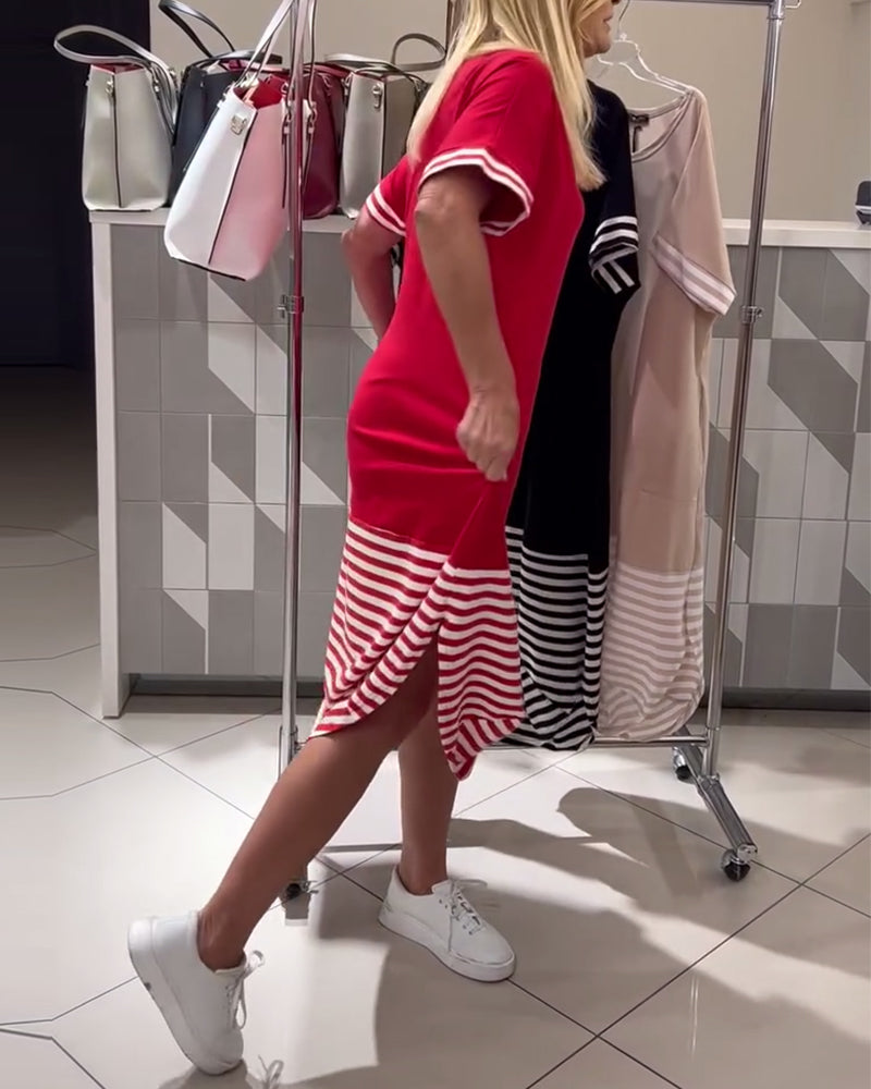 Contrast Stripe Short Sleeve Casual Dress