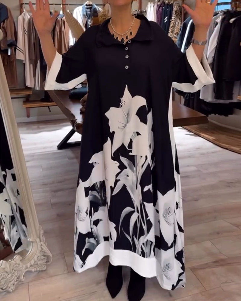 Lapel Printed Oversized Maxi Dress
