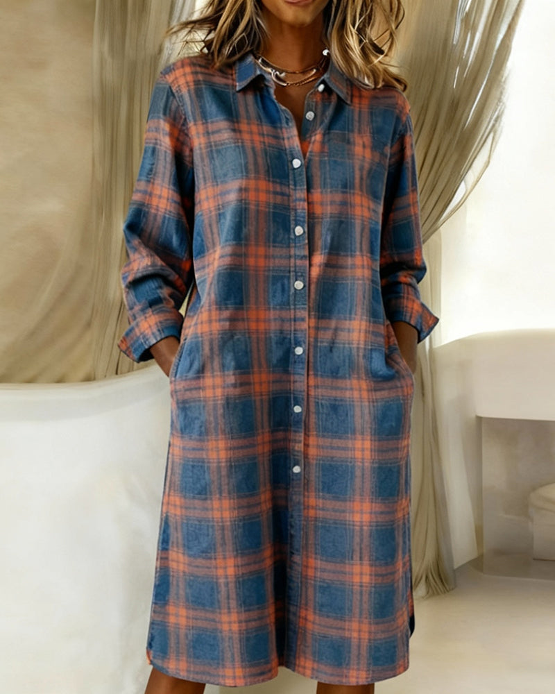 Lapel Casual Long Sleeve Plaid Dresses