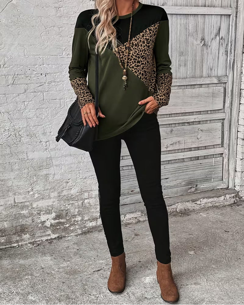 Round Neck Leopard Print Color-Blocked Top