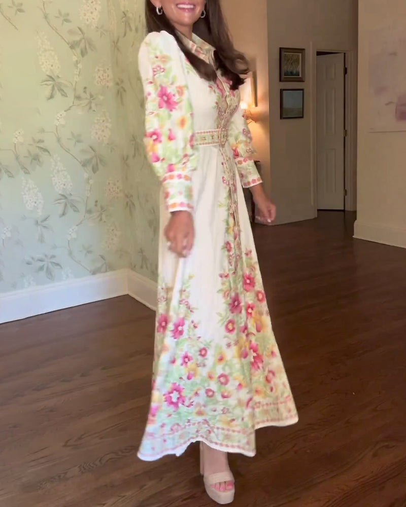 Elegant floral print lapel long sleeve maxi dress