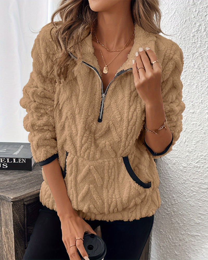 Lapel Zipper Front Fuzzy Sweatshirt