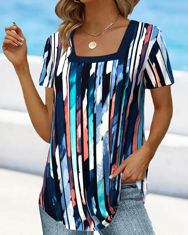 Short-Sleeved Wide Collar Printed T-Shirt