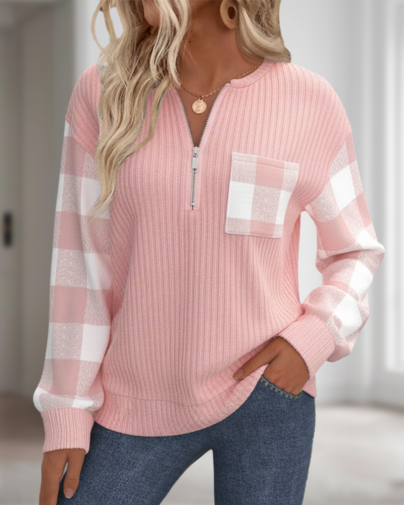 Half-Zip Plaid Patchwork Sweatshirt