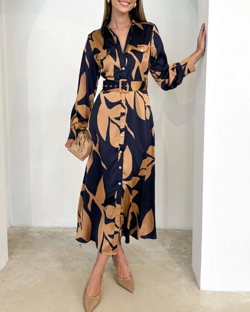 Elegant leaf print long sleeve lapel dress