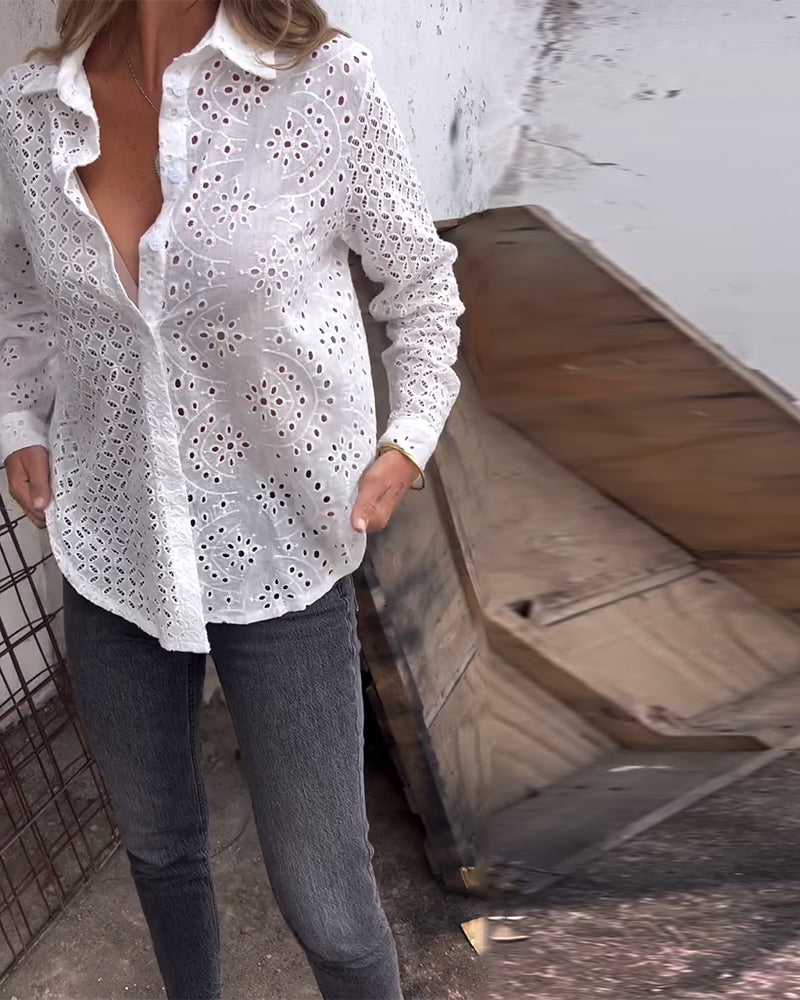 Long-Sleeved Lapel Cutout Shirt