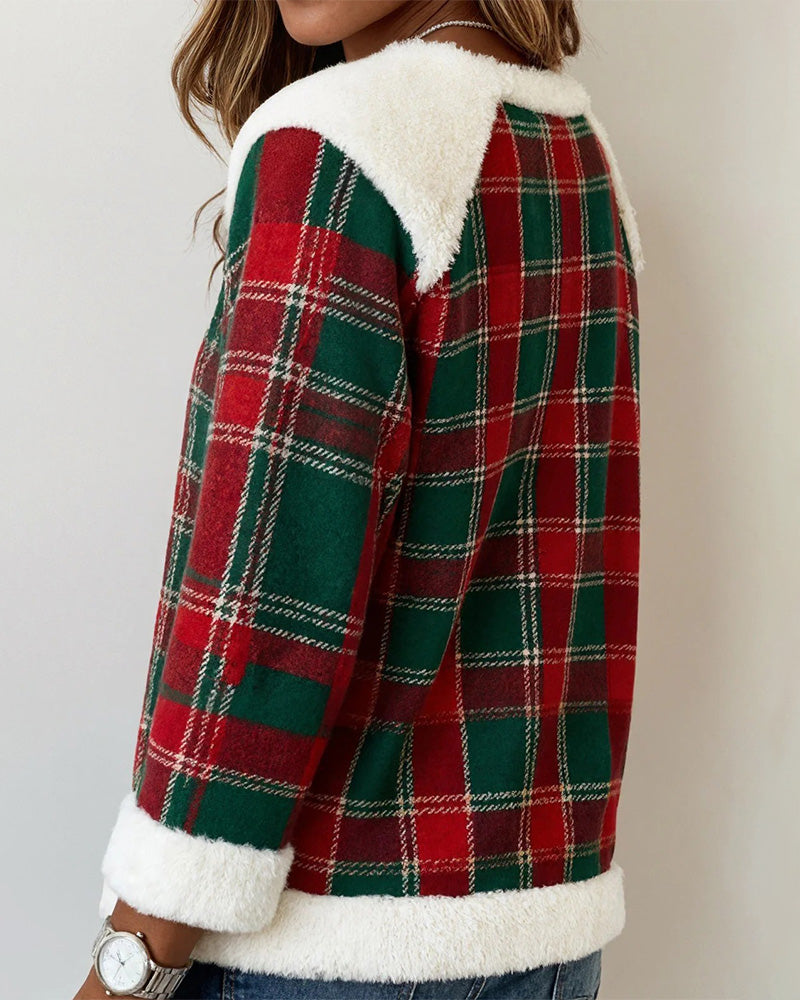 Plush Crew Neck Patchwork Plaid Sweatshirt