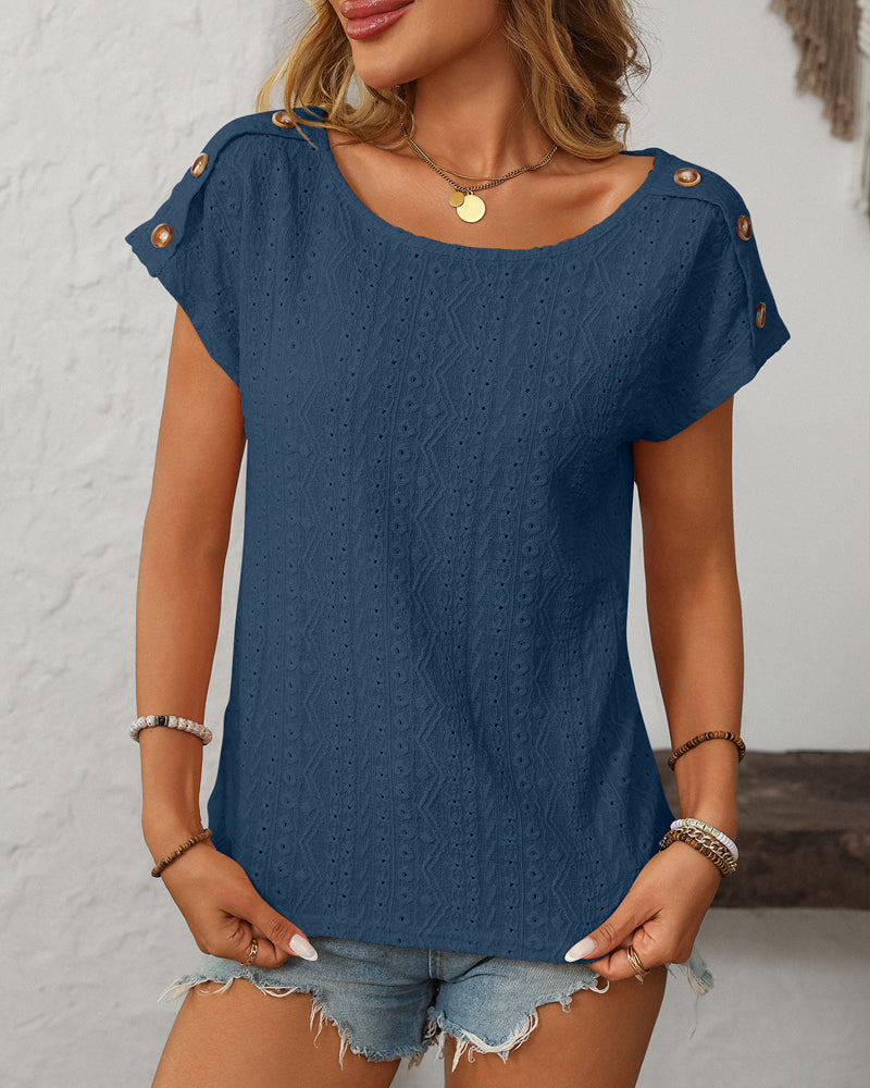 Round Neck Button Cutout Short Sleeve Blouse