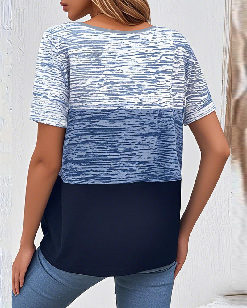 Round Neck Short Sleeve Contrast Color T-Shirt