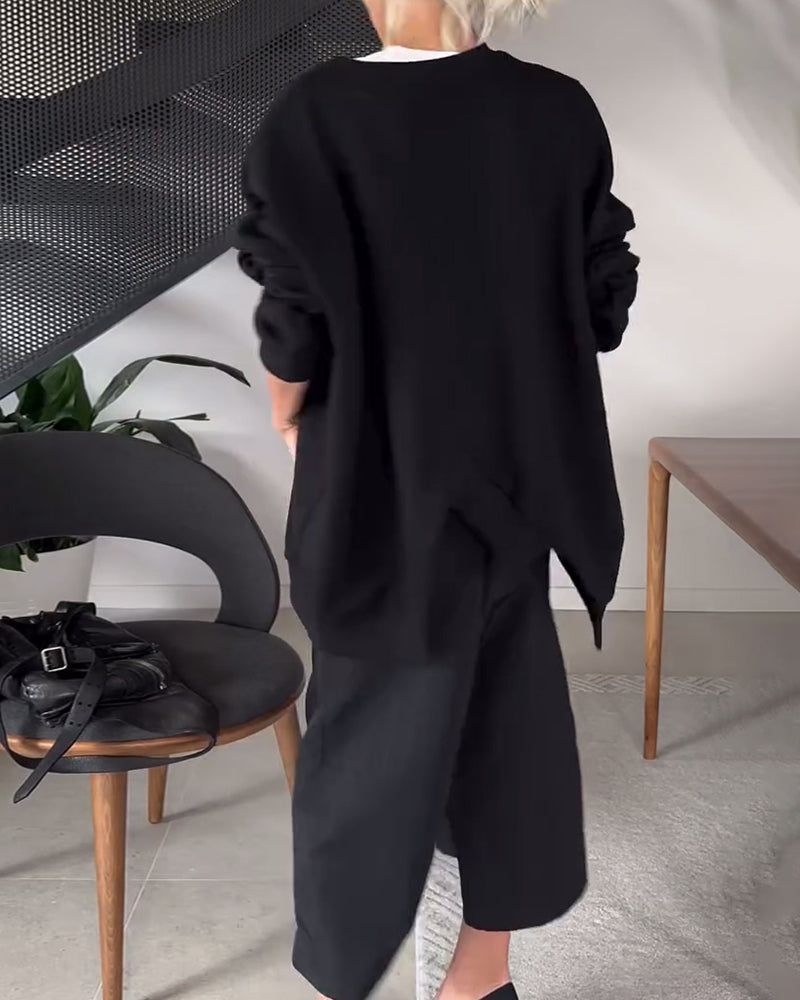 Solid color casual round neck slit sweatshirt