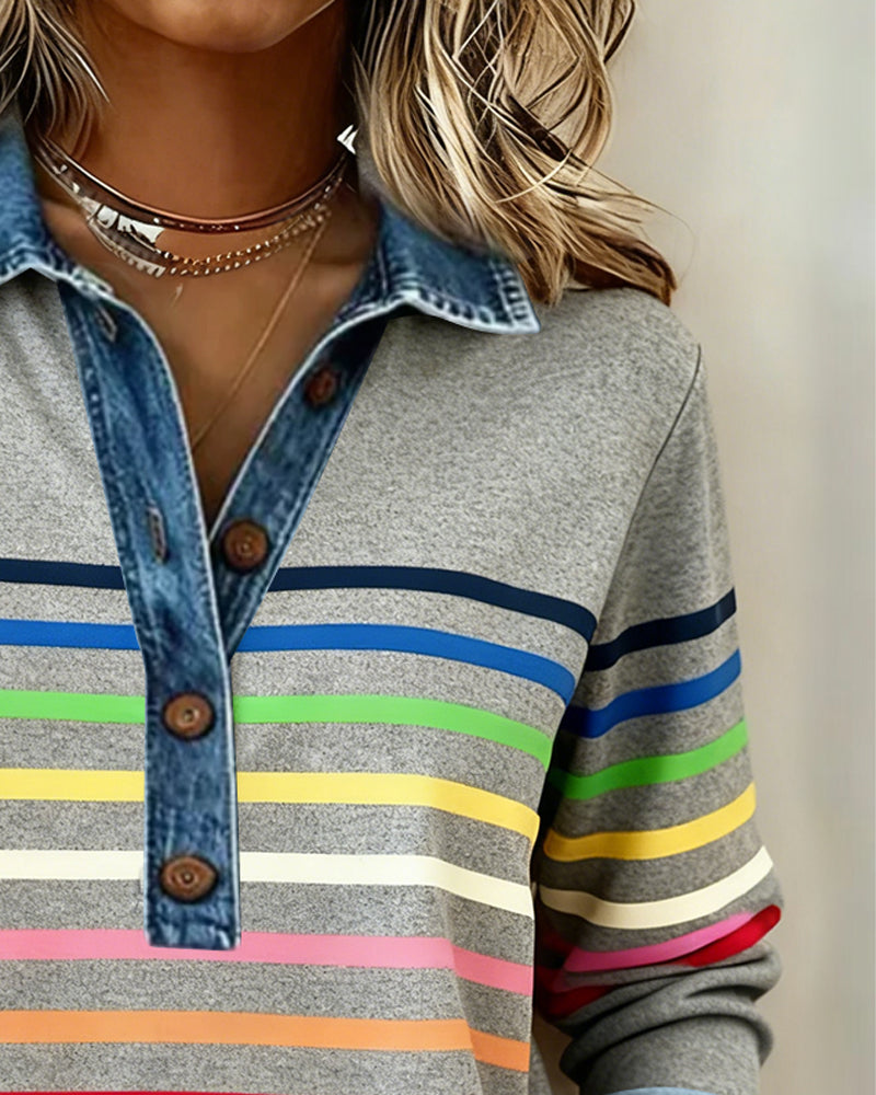 Rainbow Striped Patchwork Denim Sweatshirt
