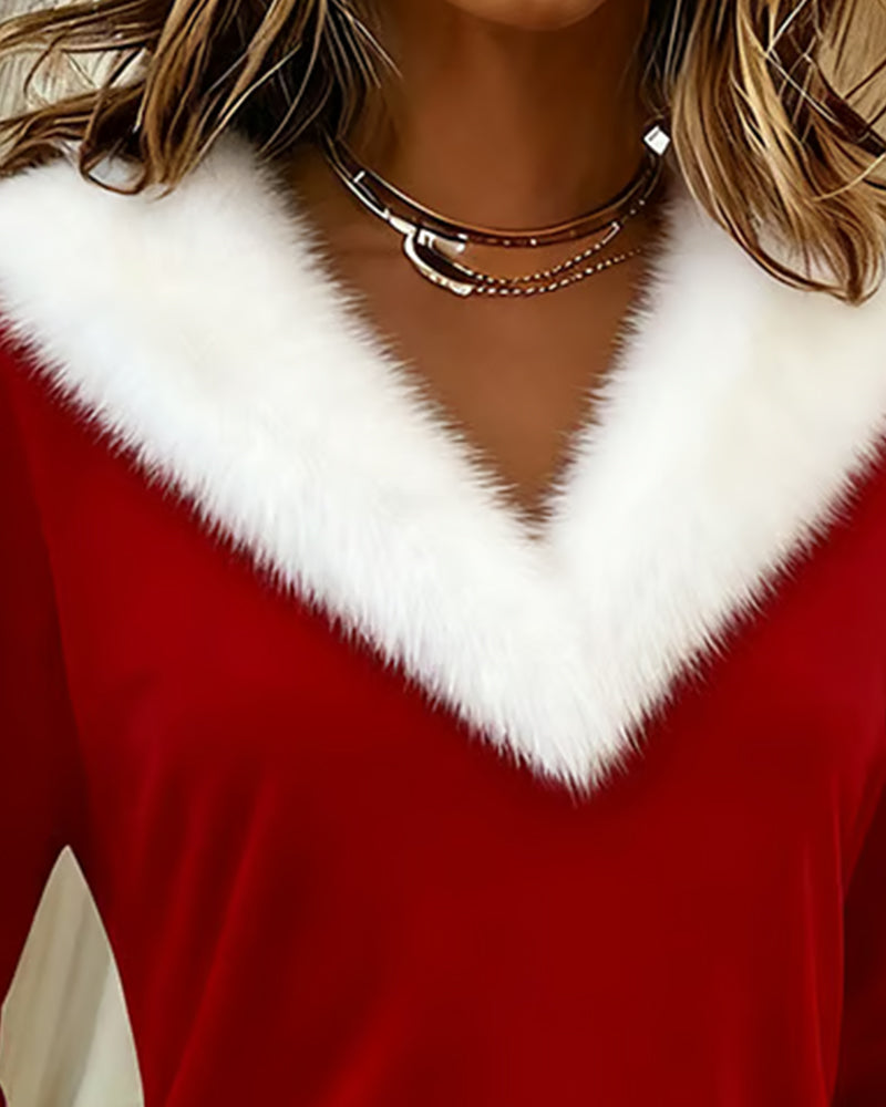 Large Fur Collar Patchwork Slim Fit Top