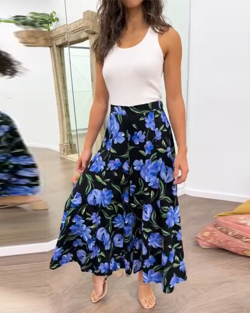 Floral print high waisted wide leg pants