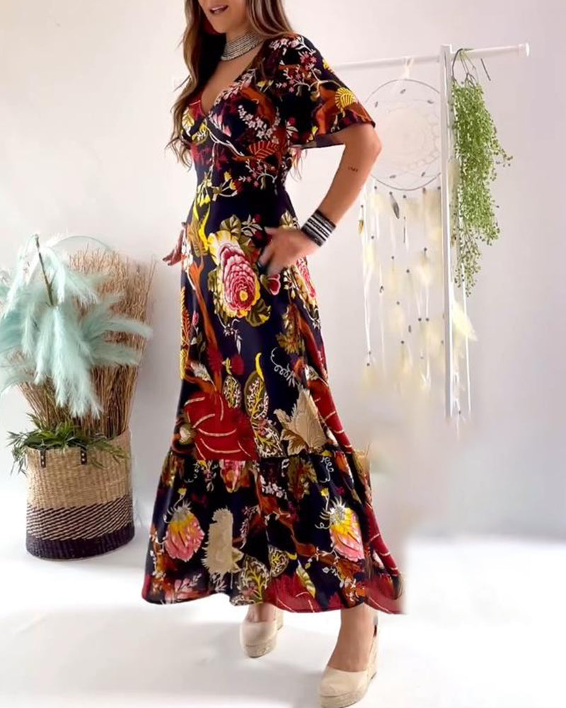 Elegant printed v-neck short sleeve dress