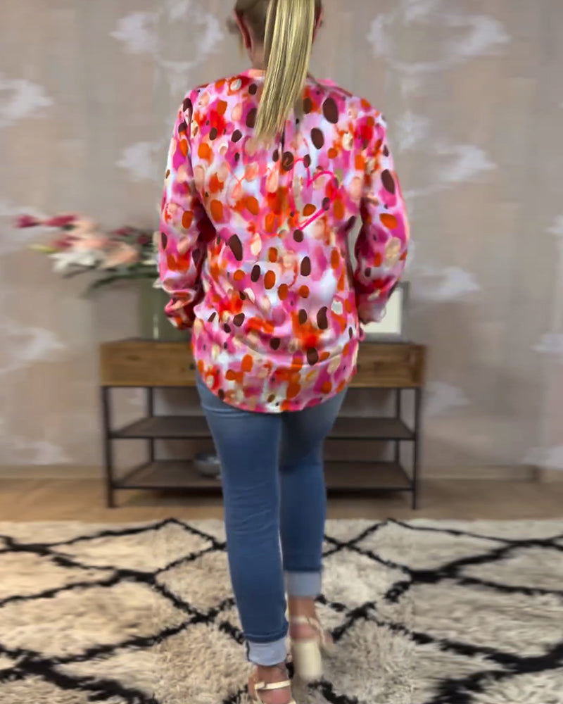 Colorful printed V-neck long-sleeve fashion blouse