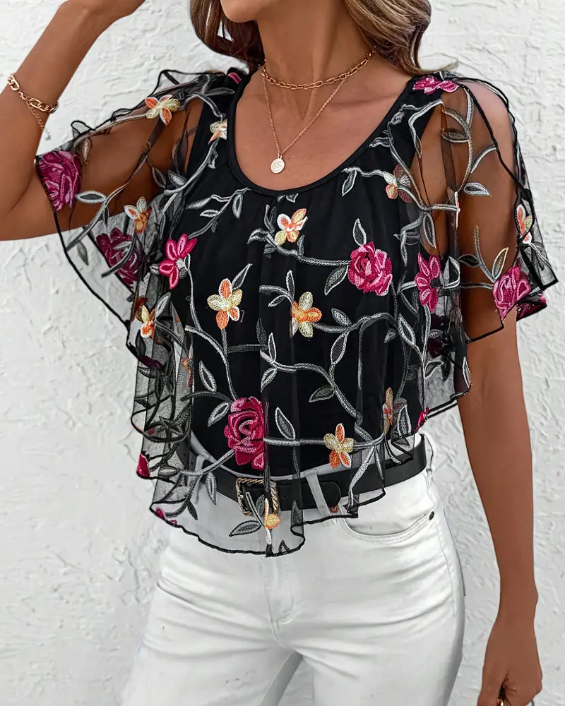 Embroidered Mesh Heavy Duty Blouse
