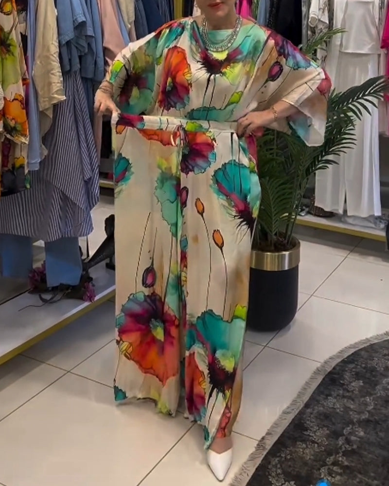 Lotus print one-shoulder three-quarter sleeve set