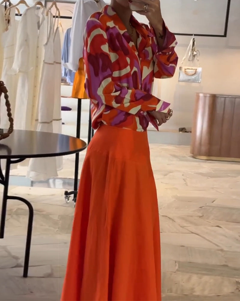 Lapel Colorful Printed Blouse with Buttons