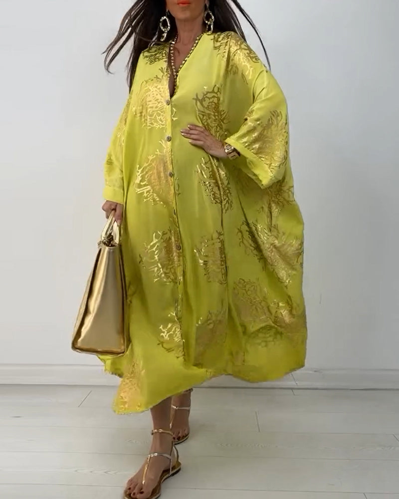 Long sleeve printed button loose dress