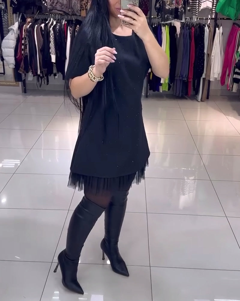 Short-Sleeved Mesh Skirt Beaded Stitching Dress