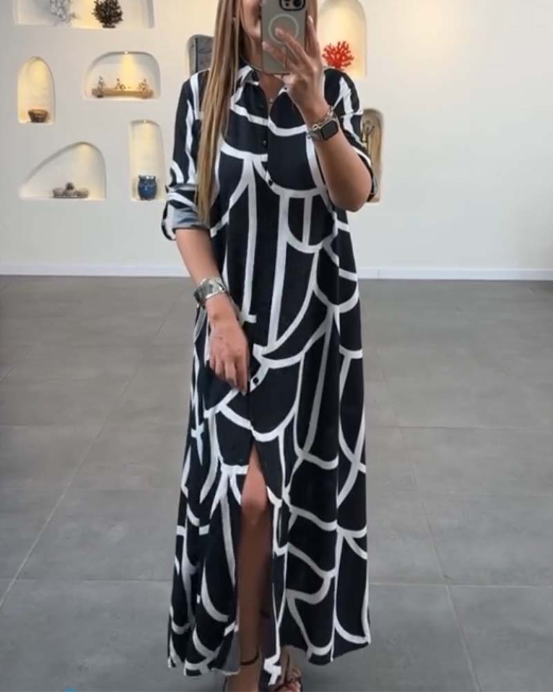 Contrast printed lapel long slit dress