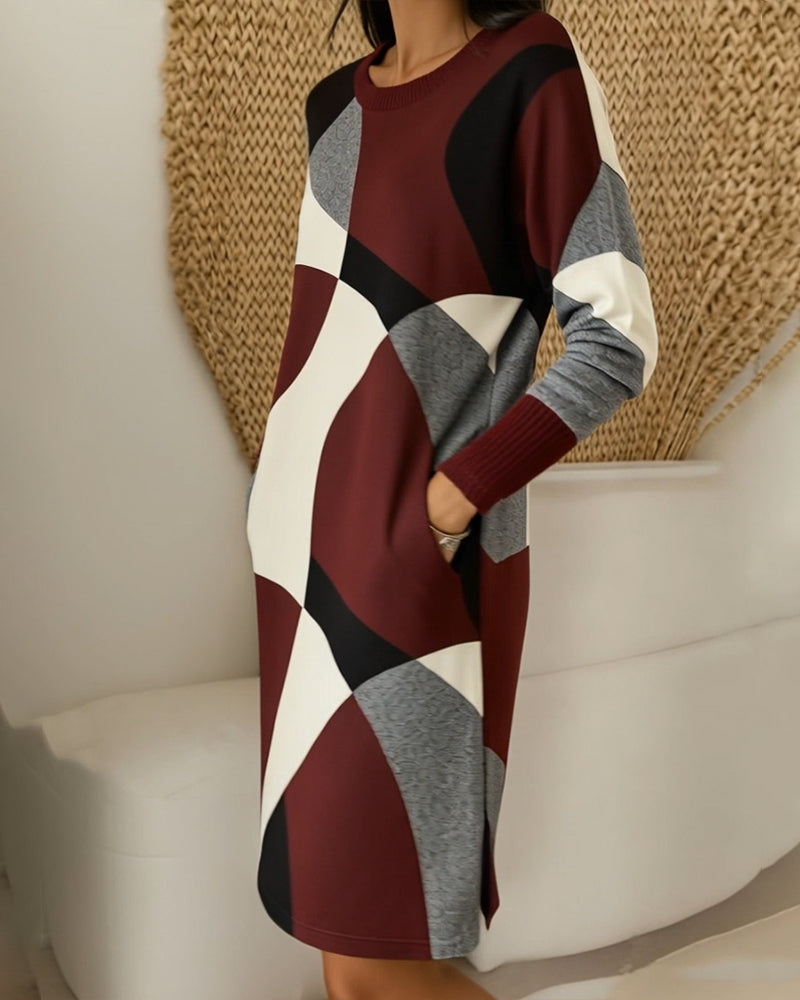 Color-Blocked Fashionable Round Neck Dress