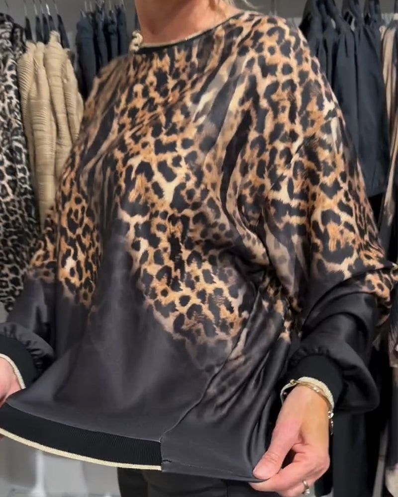 Casual leopard print round neck blouse