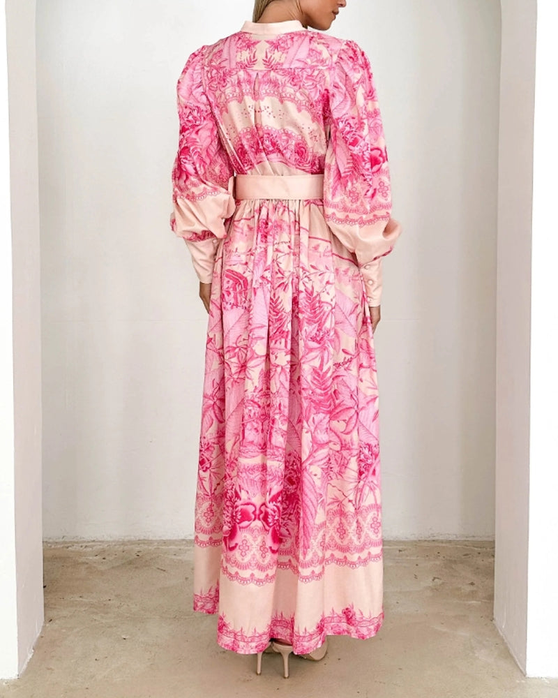 Lantern sleeve button print dress