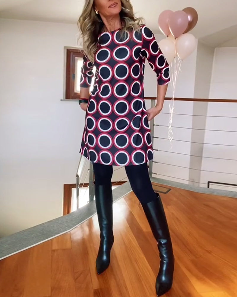 Round neck circle print casual dress