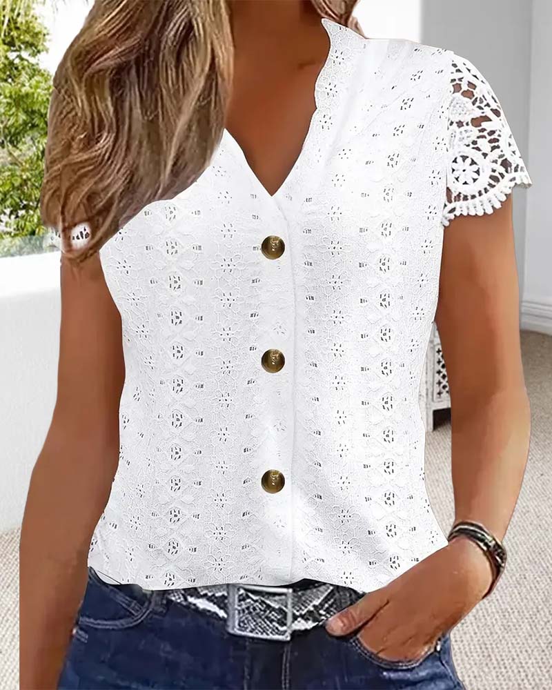 Solid Color Hollow Short-Sleeved Blouse