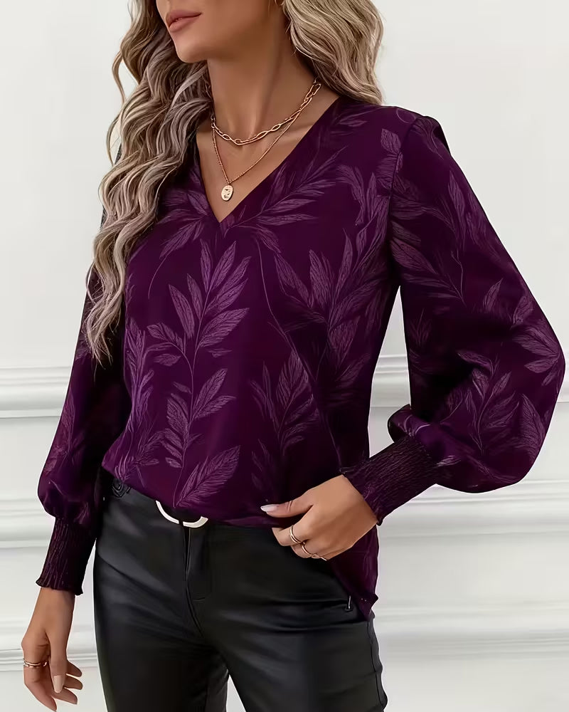 Leaf Pattern V-Neck Long-Sleeved Blouse