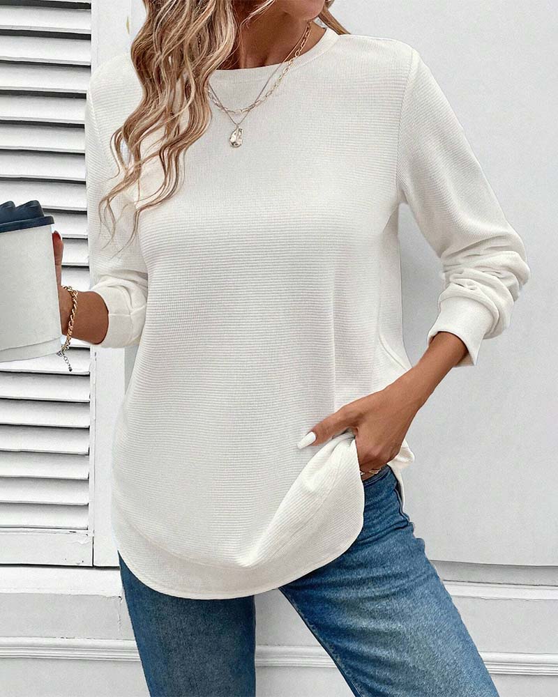 Round Neck Long Sleeve Solid Color Top