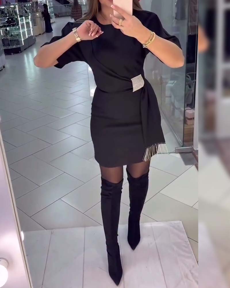 Elegant Solid Color Short-Sleeved Tassel Dress