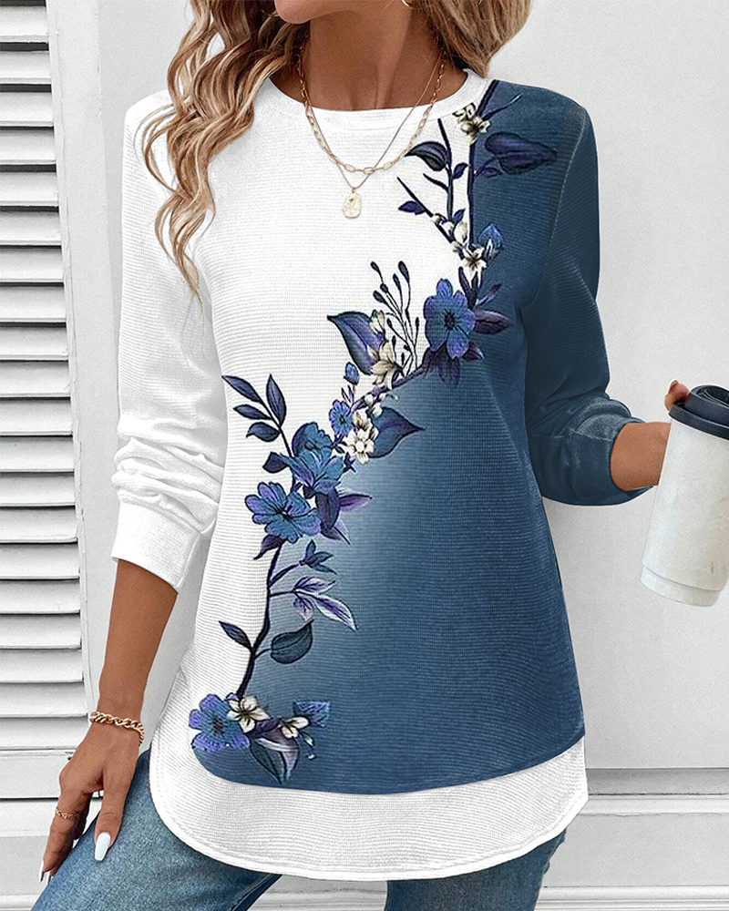 Crew Neck Colorblock Floral Print Top