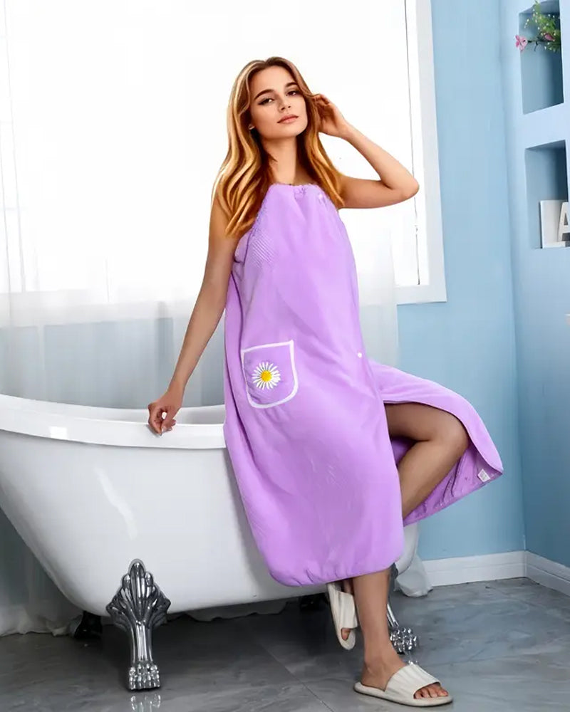 Soft Absorbent Quick-Dry Wearable Bath Towel Skirt with Floral Pattern Pocket